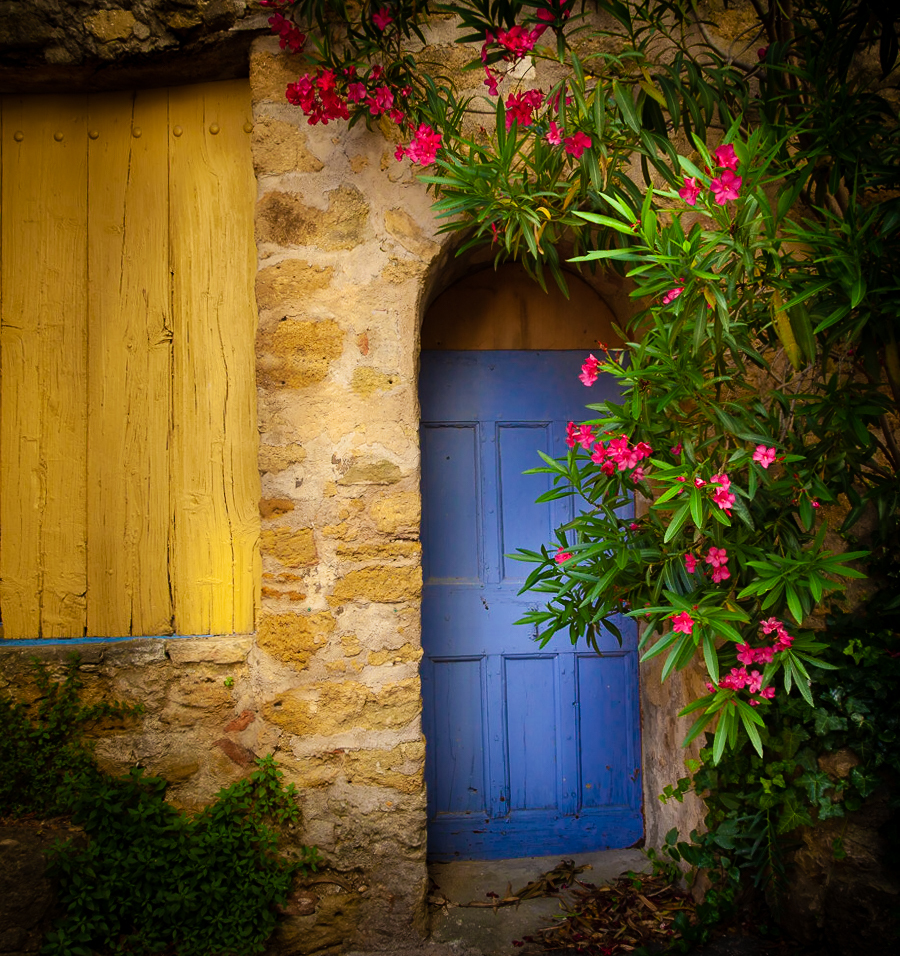 Blue door with pink flowers on stone wall.